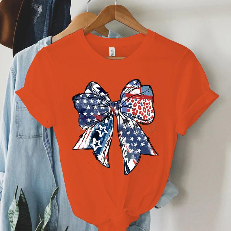 USA Flag Coquette Bow Design Woman T-shirts July 4th Crew Neck Summer Clothes Men 4th of July Coquette Bow Shirts and Blouses