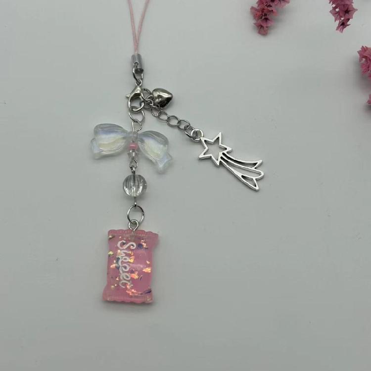 Lovely Phone Charm Colorful Beaded Keychain Acrylic Alloy Keyring Bag Accessory