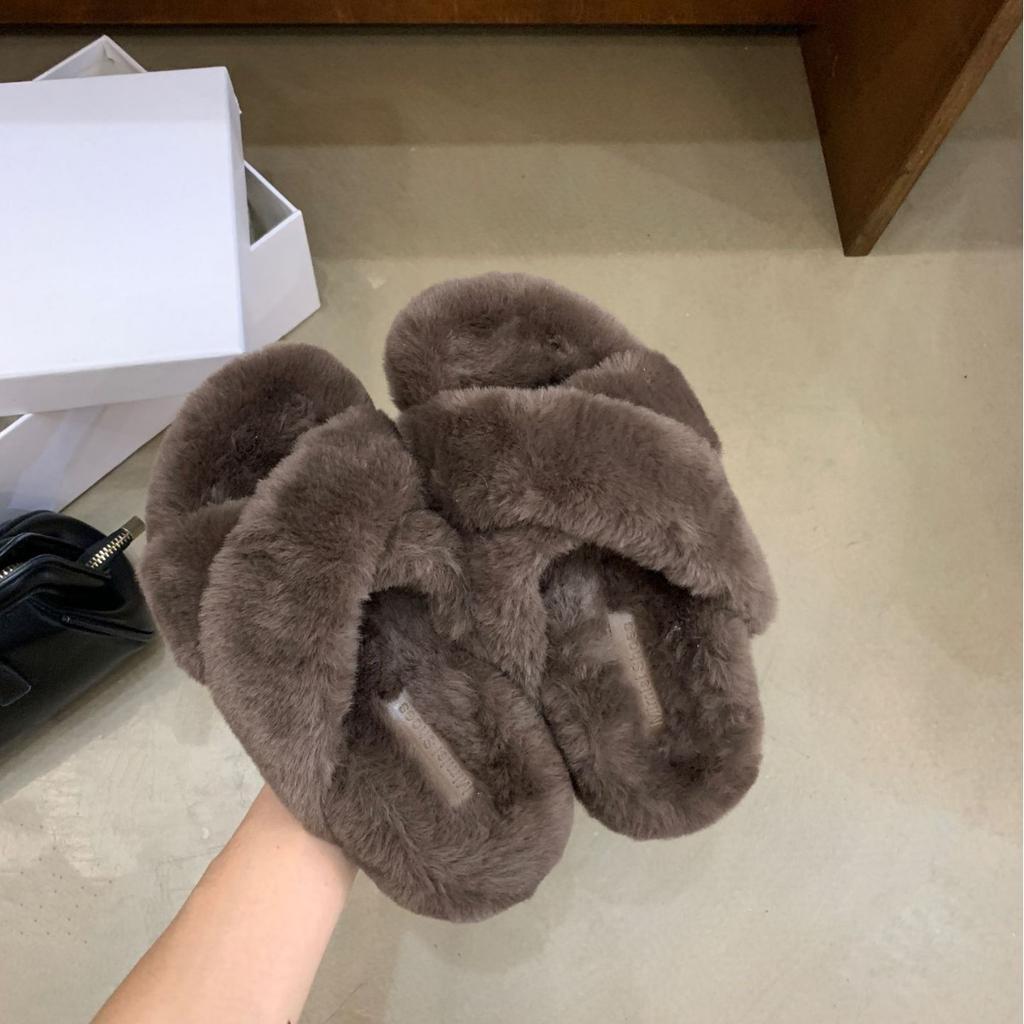 M68-8~ Platform-soled French cross-strapped open-toed fluffy slippers for women's shoes, new for autumn and winter 2025