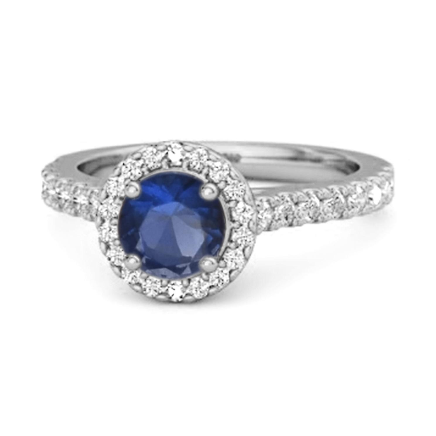 Blue Sapphire Round Halo Accents Ring - 925  Sterling Silver 12