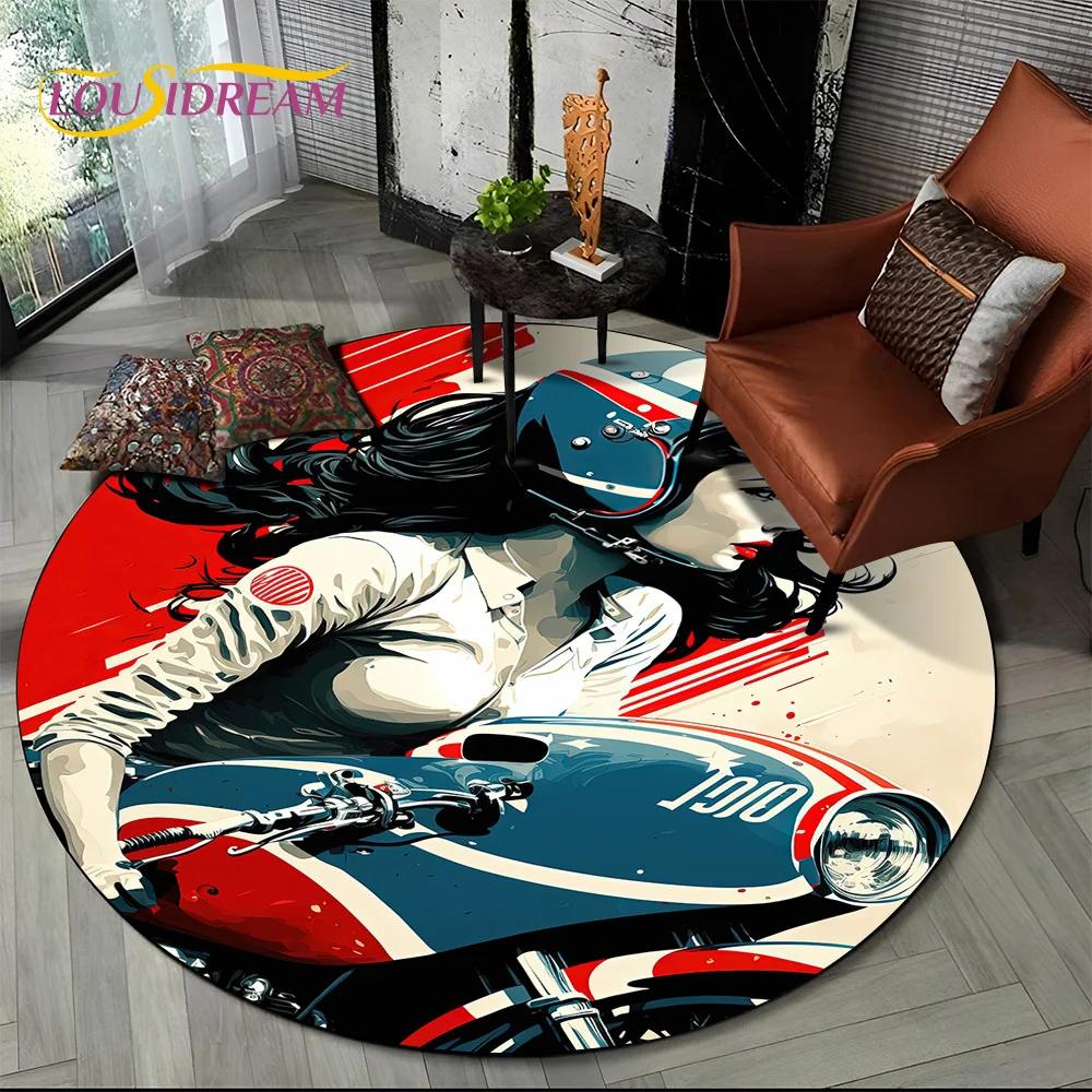 3D Retro Vintage Motorcycle Cartoon Round Area Carpet Rug for Living Room Bedroom Kid Playroom Decor,Pet Area Rug Non-slip Gift