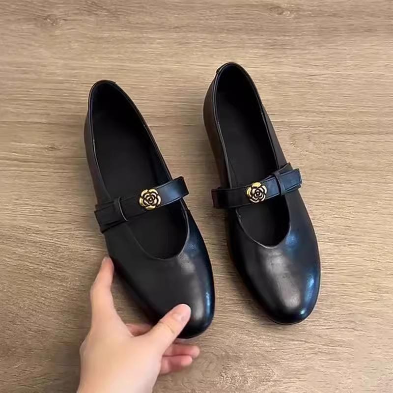 Sheepskin Version~ Retro Camellia Round Head Small Single Shoes for Women with Commuting Low Heels Mary Jane Shoes