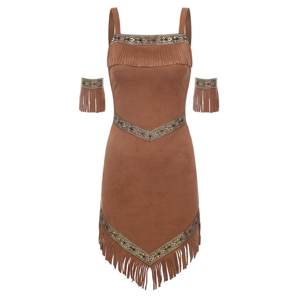 Womens Native Tribe Princess Cosplay Dress Armbands Retro Pattern Trim Tassel Irregular Hem Sling Aboriginal Faux Suede Costume
