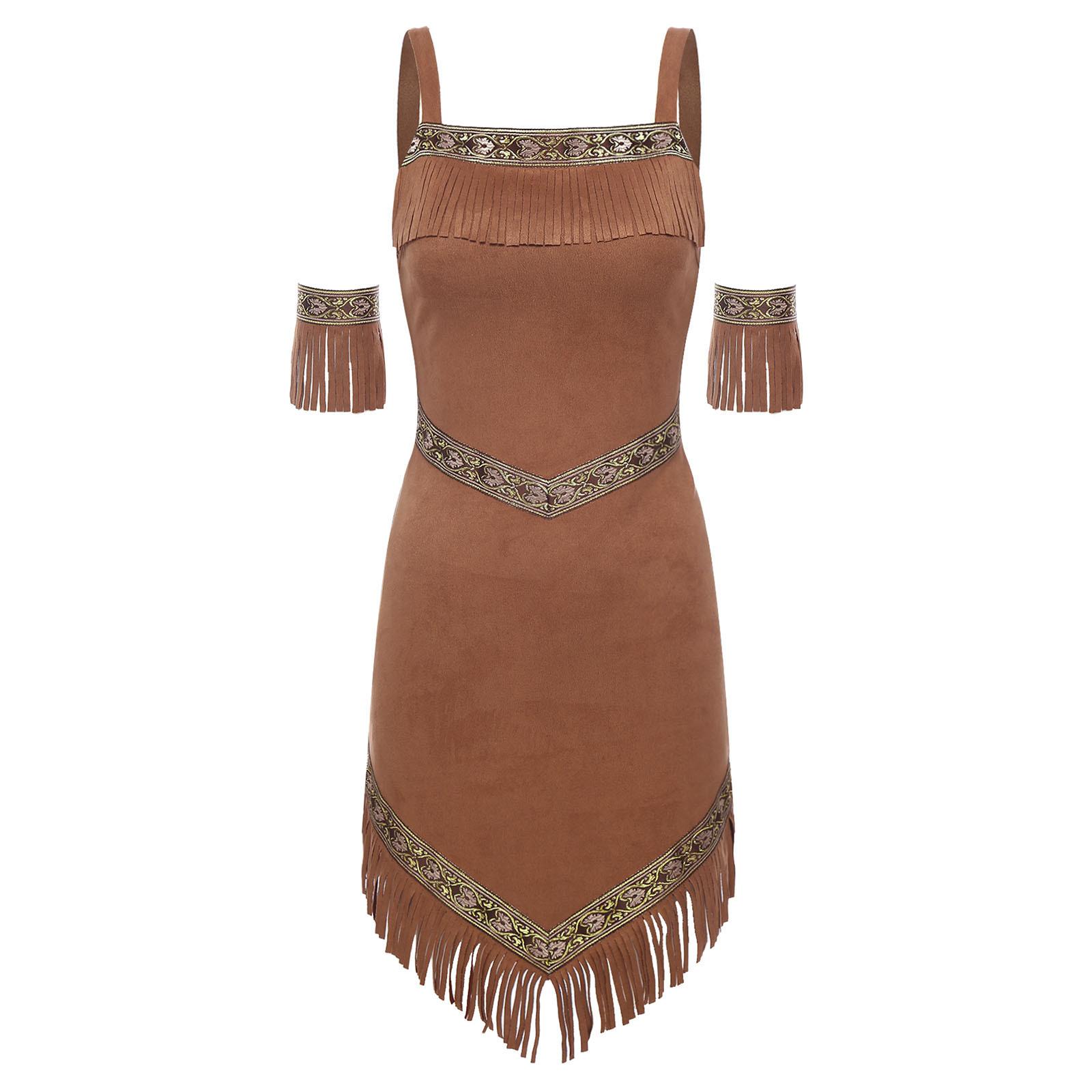 

Женское платье аборигенов из искусственной замши, с кисточками, нарукавниками, в стиле ретро, на бретелях, племенной наряд S