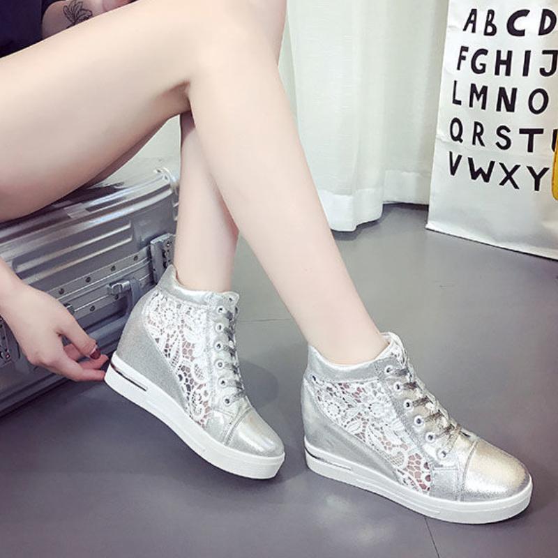 Fashion Trendy Women's Shoes 2024 New Daily Height Increasing Versatile Hollow Out Breathable Lace Sports Women's Shoes Zapatos De Mujer