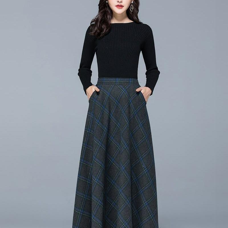 Winter New Fashion Versatile High Waist Woolen Half Skirt Women's Printed Plaid Patchwork Pockets Warm A-line Large Swing Skirt