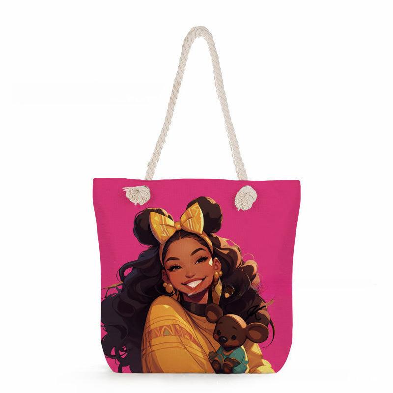 Multifunctional Fairy Tale Style Printed Thick Rope Shoulder Beach Bag Casual Large Capacity Handbag 0106 CLE