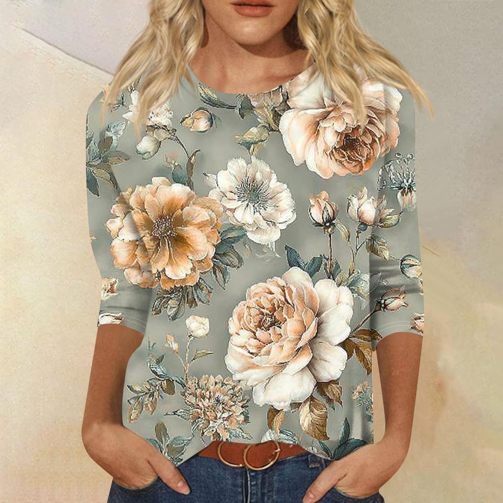 Women's Fashion Casual Round Neck Three Quarter Sleeve Printed T-Shirt Top