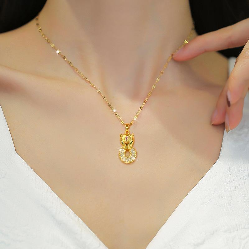 Titanium Steel Light Luxury Leopard Head Biscuits Zircon Light Luxury Design Versatile Korean Style Niche Design Live Necklace