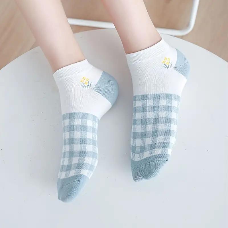 5 Pairs Blue & White Cute Socks , Mixed Pattern Socks Pack ,Women's Stockings & Hosiery