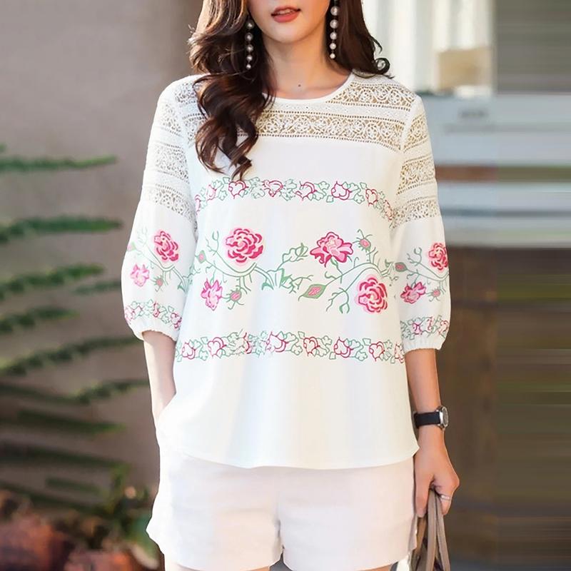 

ZANZEA Women Casual Lace Patchwork Round Neck 3/4 Sleeve Floral Print Blouse S белый