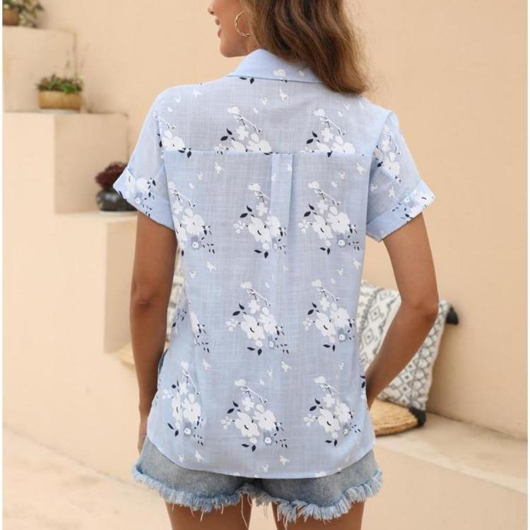 Summer Women Floral Print Short Sleeve Cotton Linen Blouse Turn Down Collar Single Breasted Tops White Yellow Blue Casual Shirt