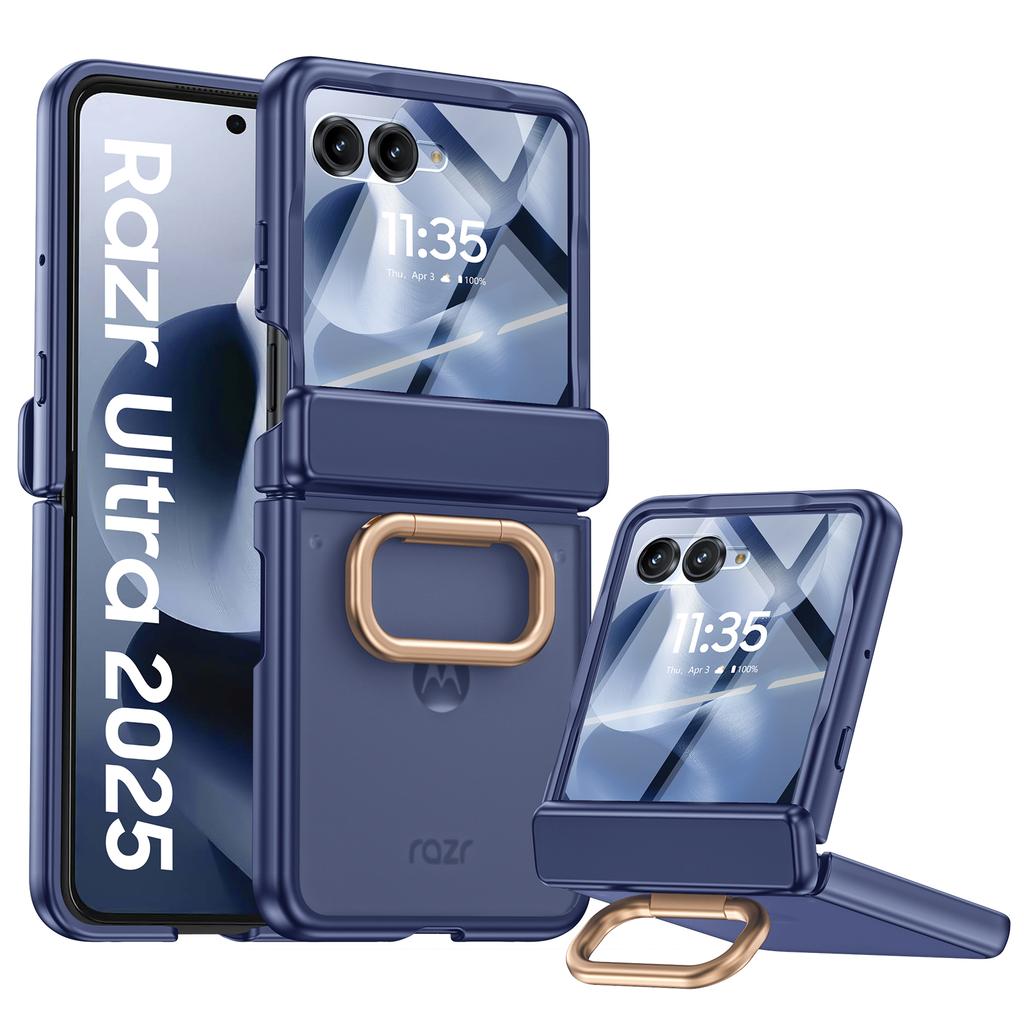 For Motorola Razr Ultra 2025 / Razr Ultra 2026 with Built-in Screen Protector,Ring Holder Hinge Protection Rugged Case Translucent Matte Cover-Black