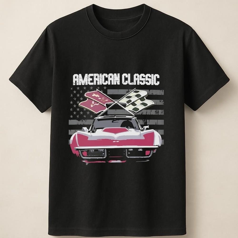 

American Classic Car Tee with Bold Flag Background Racing Detail Unisex T Shirt Unisex T-Shirt S