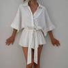 European and American Style Design Sense Shirt Collar Jumpsuit for Women's Summer  New Versatile Waist Tied Short Sleeved Ju
