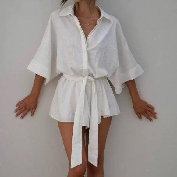 European and American Style Design Sense Shirt Collar Jumpsuit for Women's Summer New Versatile Waist Tied Short Sleeved Ju