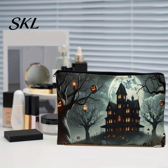 Holiday Theme Storage Bag Bag, Halloween Pattern Print, Durable Canvas Zippered Cute Ghost Pencil Case Travel Toiletry Case, for Makeup And Stationery