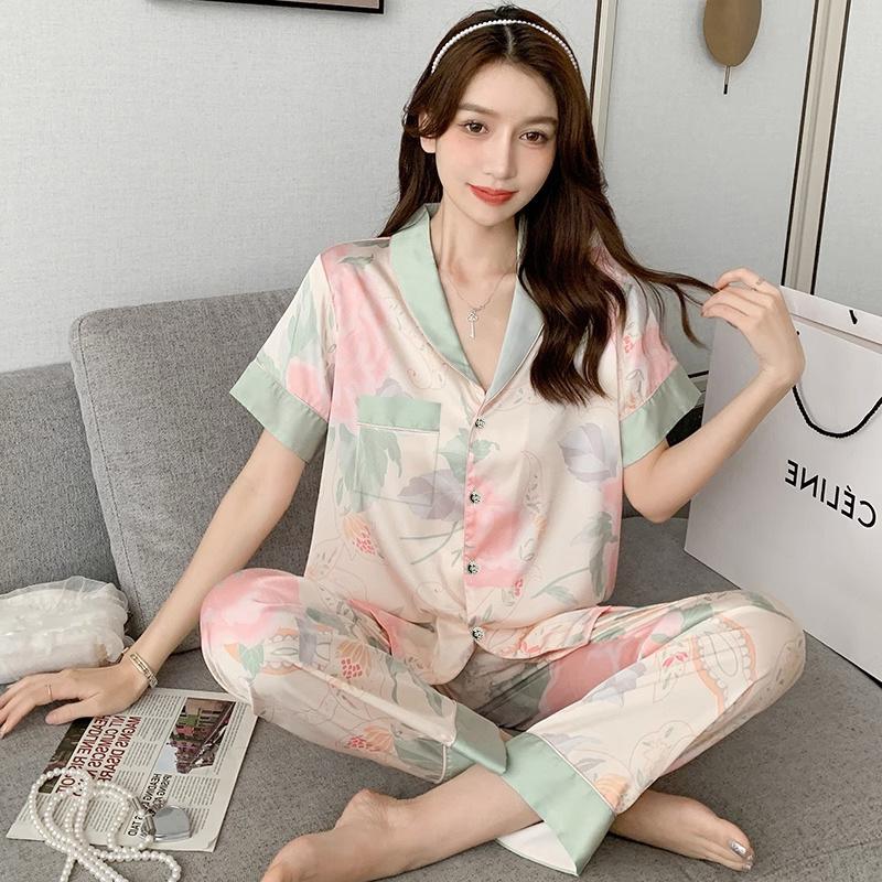 Casual Short-Sleeved Trousers Pajamas Women'S Summer Palace Style Thin Imitation Silk Loungewear