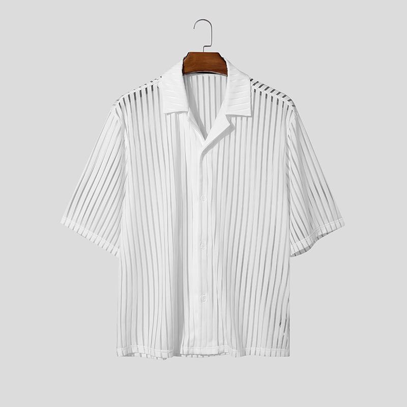 INCERUN Summer Men Lapel Short Sleeve Striped Mesh Sheer Shirts Tops