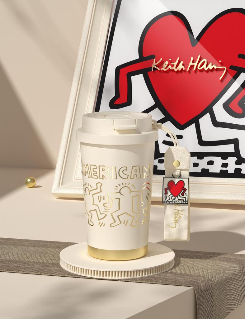GERM X Keith Haring Coffee Tumbler 390ml Vacuum Insulated Mug Made of 316 Stainless with Lid and Keeps Warm and Dishwasher Great Gift Steel,