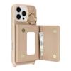 For iPhone 16 Pro Case with Lanyard/Mirror/Card Holder Grids Pattern RFID Blocking Phone Cover