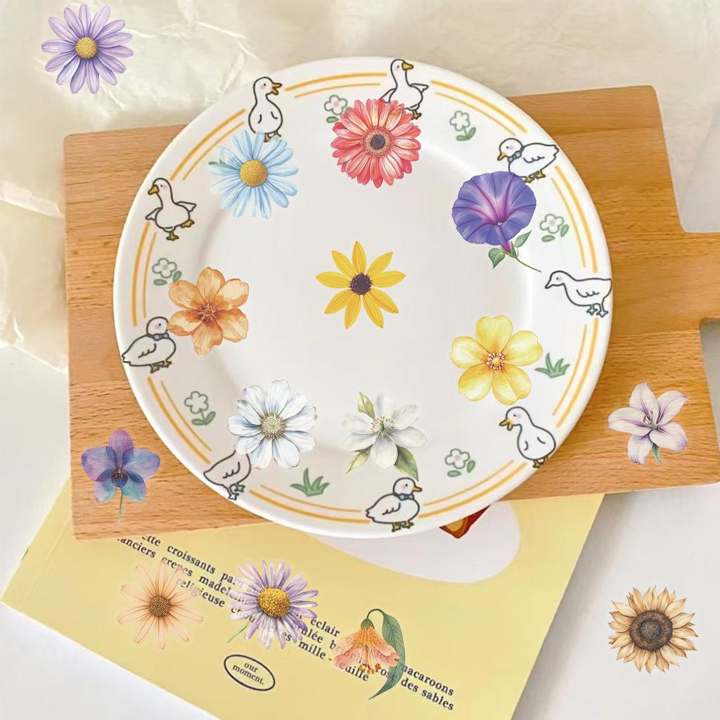 50Pcs Transparent Cartoon Floral Stickers - Waterproof PET Flower Decor for Journals, Guitars & Notebooks