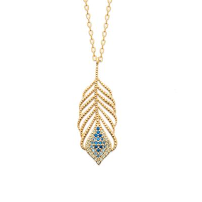 [R5756] - Gold Plated Necklace 'Cléopatra' Golden Blue - 32x12 Mm (feather)