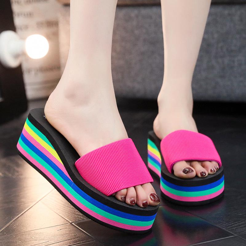 Women's Summer Rainbow Wedge Flip Flops - Thick Foam Sole Toe Post Beach Slippers