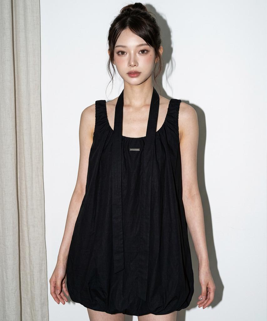 The Green Lab Shirred Sleeveless Mini Dress [Black]