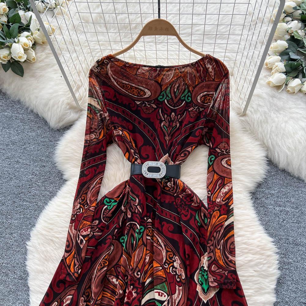 Chic sexy print mesh Ruched dress long sleeve Fairy Casual A-line autumn winter  Vestidos Women Party dress