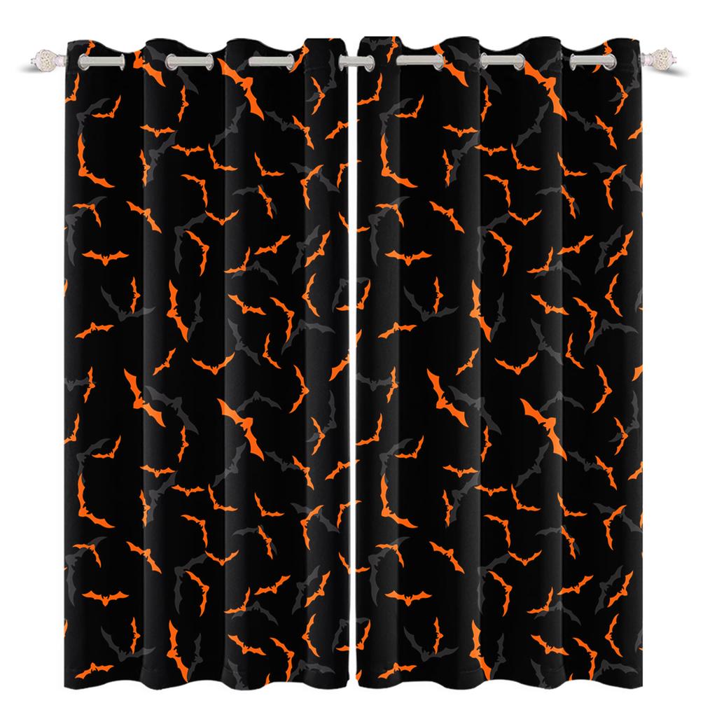 2pcs/set Horror Halloween Window Curtain Bat Spider Pumpkin Ghost Haunted House Home Decor Blackout Polyester Fabric Curtains