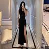 Mature Spicy Girl Black Spaghetti Strap Maxi Dress with Slit – Slimming, Hip-Hugging, Dominant Style