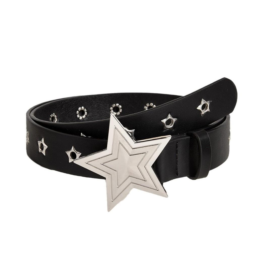 Star Pattern Punk Leather Belt With Alloy Button Buckle For Everyday And Clubwear