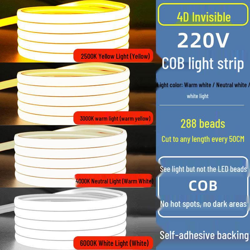 Ultra-Bright Self-Adhesive Waterproof COB LED Strip Light for Living Room, Bedroom, or Outdoor Ceiling.