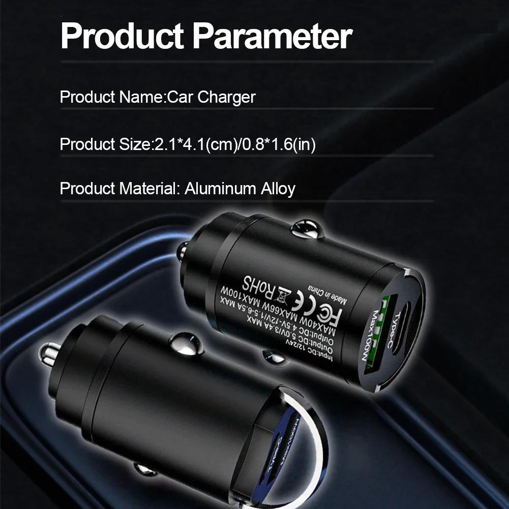 Mini 200w Car Charger Lighter Fast Charging 100w Pd Usb Type C Dual Ports Invisible Metal Charger For Xiaomi Samsung Huawei