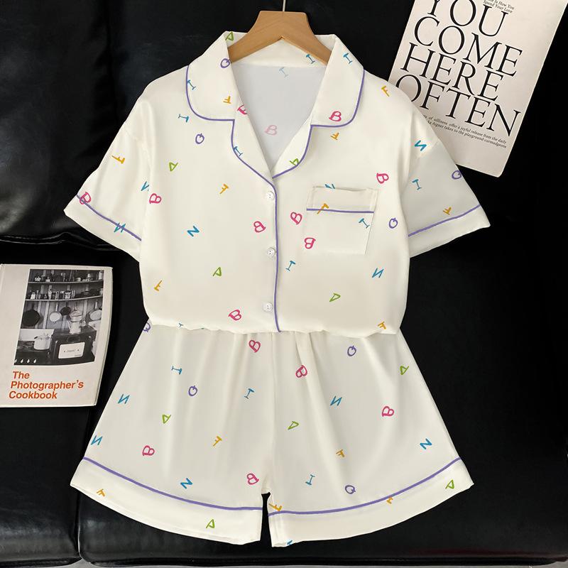 Simple Ice Silk Pajamas Women'S Summer Dopamine Letter Short-Sleeved Suit Lazy Style Loungewear