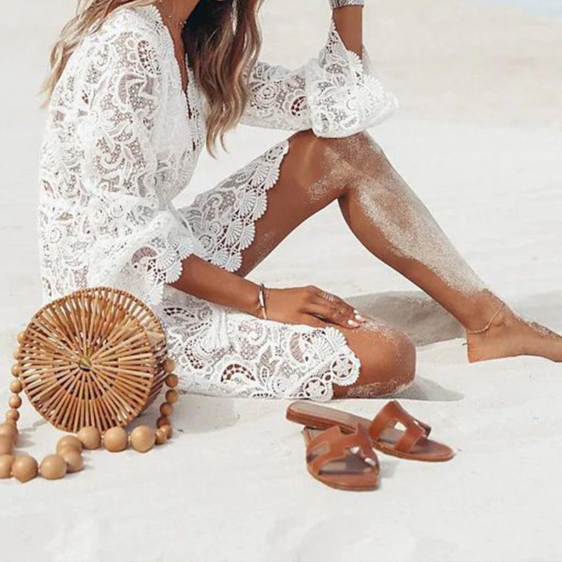 Solid Color V-neck Lace Dress, Vacation Style Flare Sleeve Cover Up Beach Wear Dress For Summer, Women's Clothing