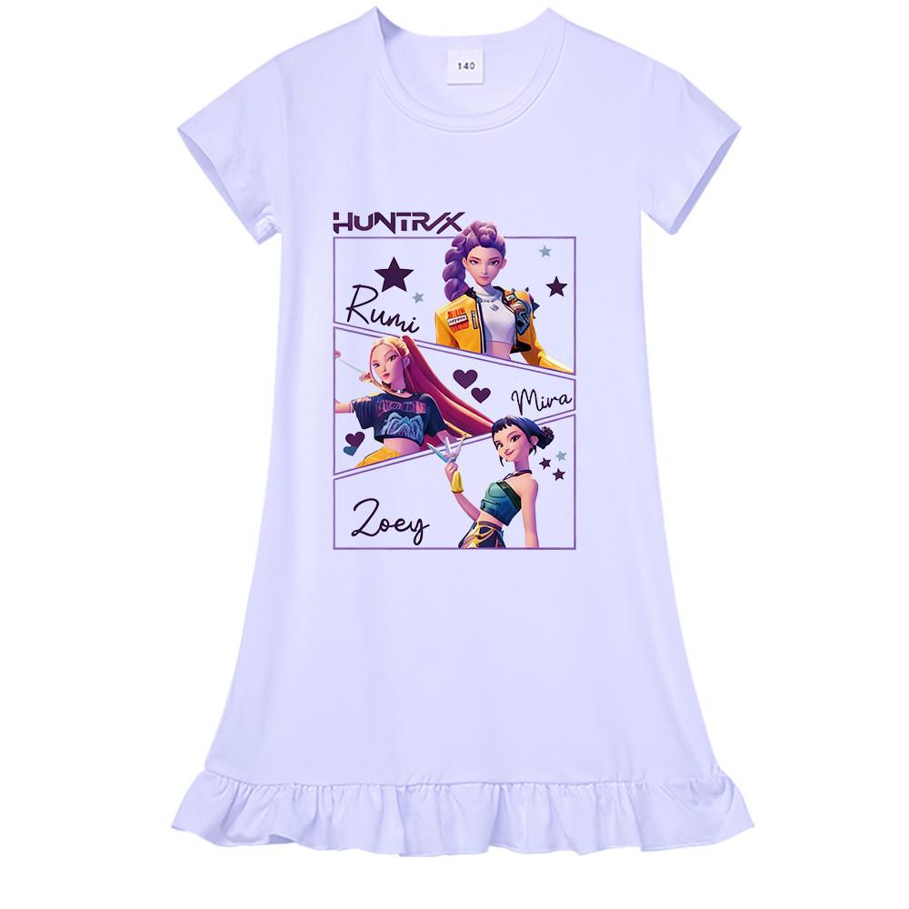

M1241 Kids Girls Kpop Rumi Zoey Mira Print Short Sleeves Ruffle Dress 150cm белый
