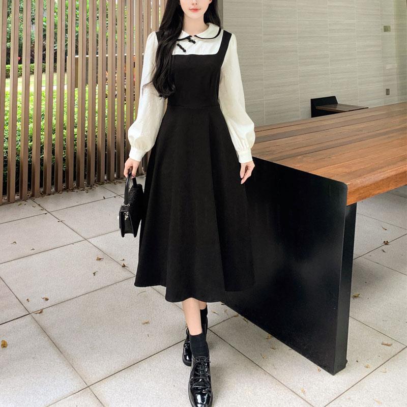 Vintage Doll Collar Midi Dress Women's Clothing Stylish Chinese Disc Buckle Spring Autumn Fake Two Pieces A-Line Spliced Dresses