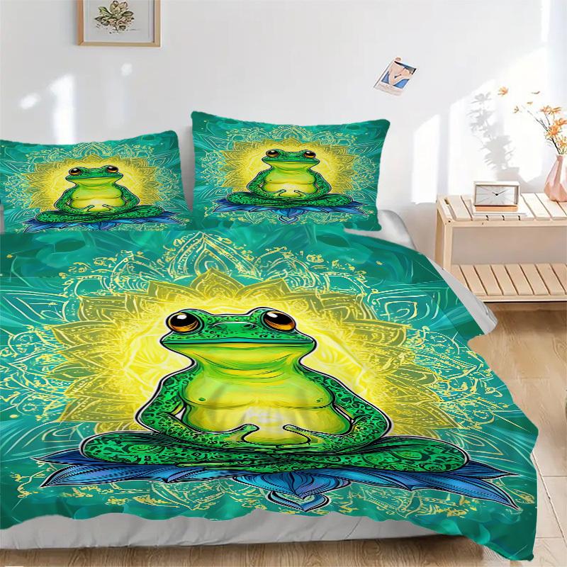 

3pcs Meditation Frog Bedding Set - 1 Duvet Cover + 2 Pillowcases(Core Not Included), Machine Washable Polyester yy251216167 135x200cm