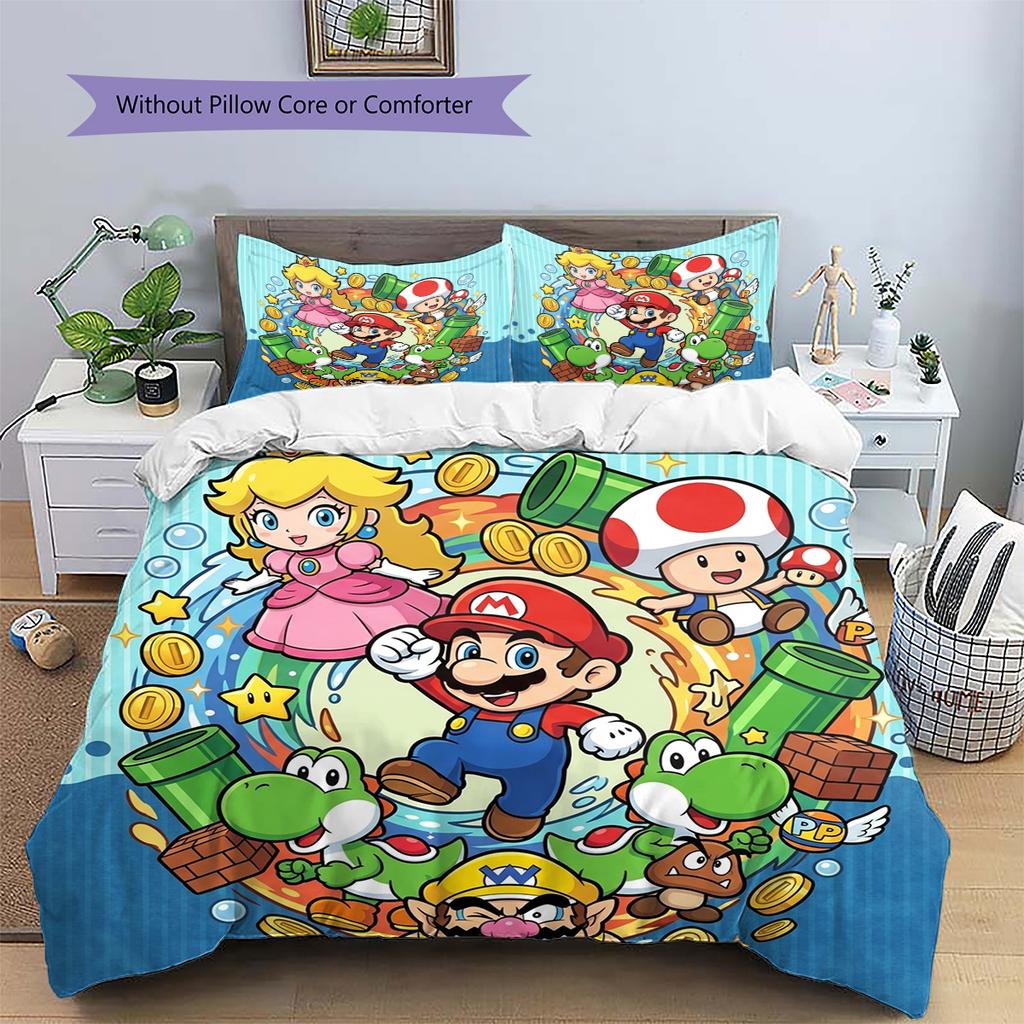 Super Mario Pattern Bedding Quilt Set Quilt Cover Pillowcase Home Decoration Birthday Gift (1 * duvet cover + 2 * pillowcase, without core)