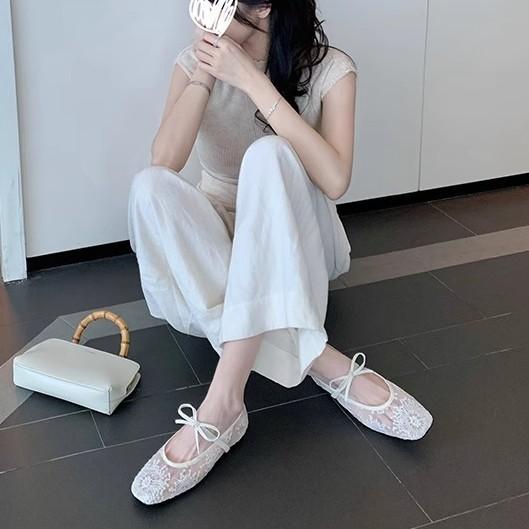 Grape mother summer new shallow mouth single shoes women's lace breathable bow word with comfortable soft sole flat shoes women