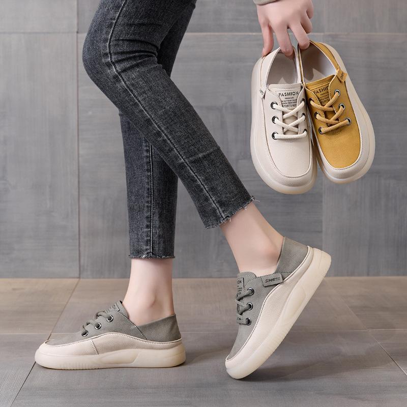 Fashion 3.5CM Cow Genuine Leather Women Flats Fall Vulcanize Chunky Sneaker Loafer High Brand Platform Slippers Autumn Shoes
