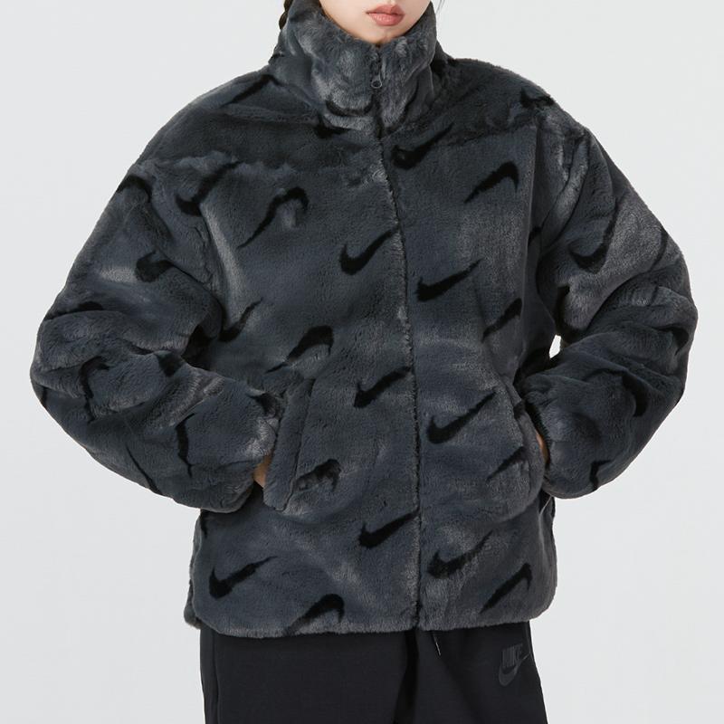 Nike Womens Printed Faux Fur Jacket (Asia Sizing) Dark Smoke Grey Women Streetwear DQ6843-070