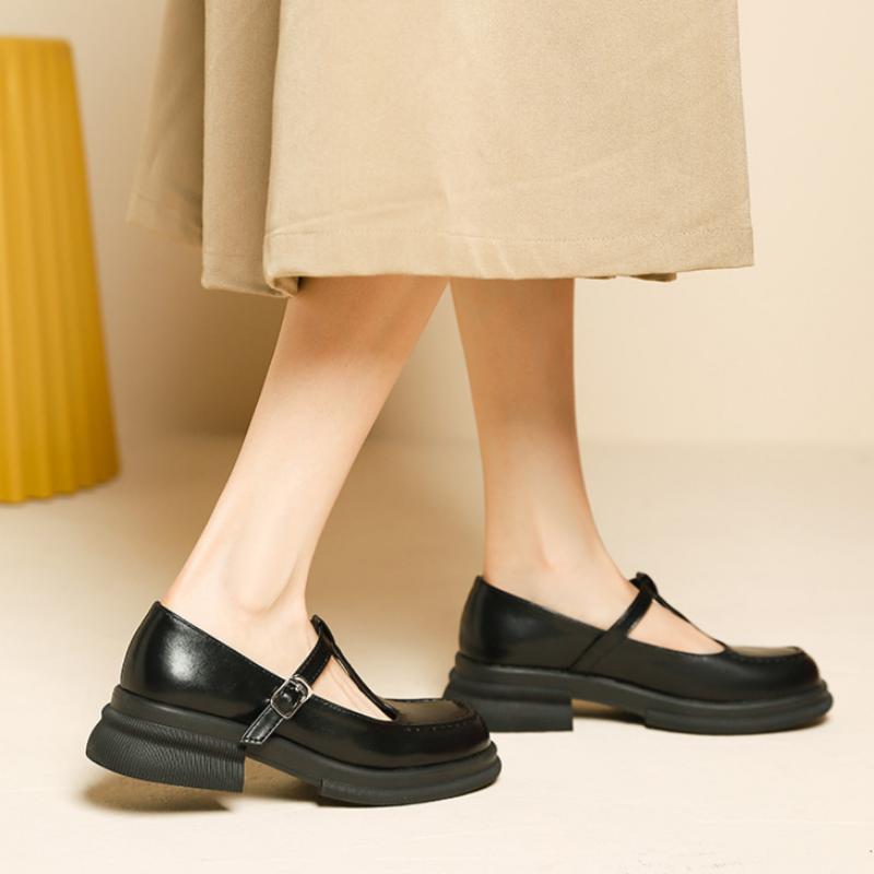 Zapatos Casuales de Cuero de Boca Baja y Tacón Medio con Suela Gruesa para Mujer