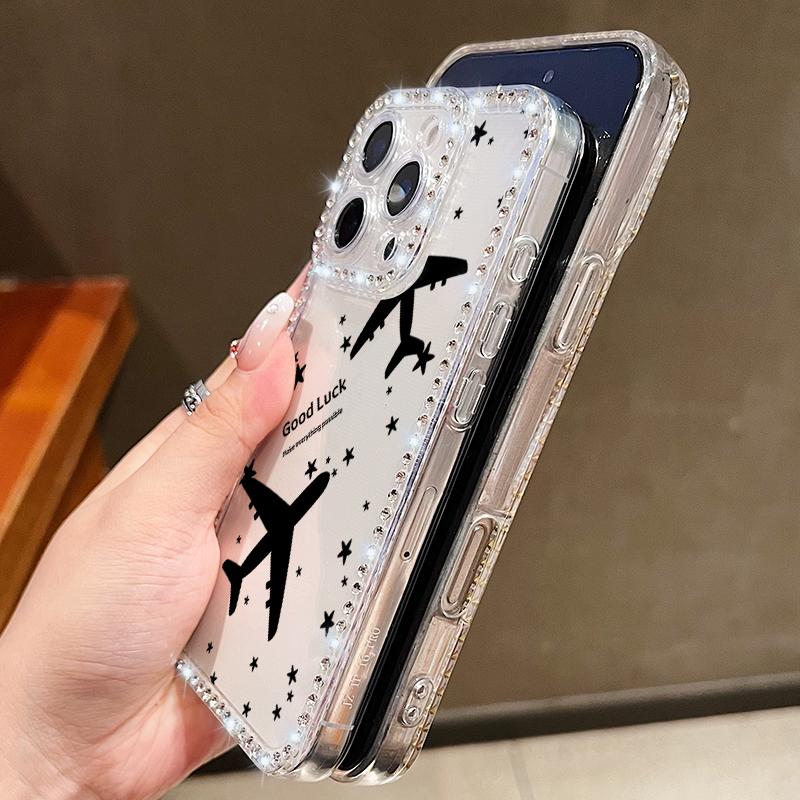 Airplane Travel Label Diamond Case For iPhone 16 Pro Max Coque iPhone 11 12 13 14 15 17 Pro Max 16E 17 Air Clear TPU Soft Cover