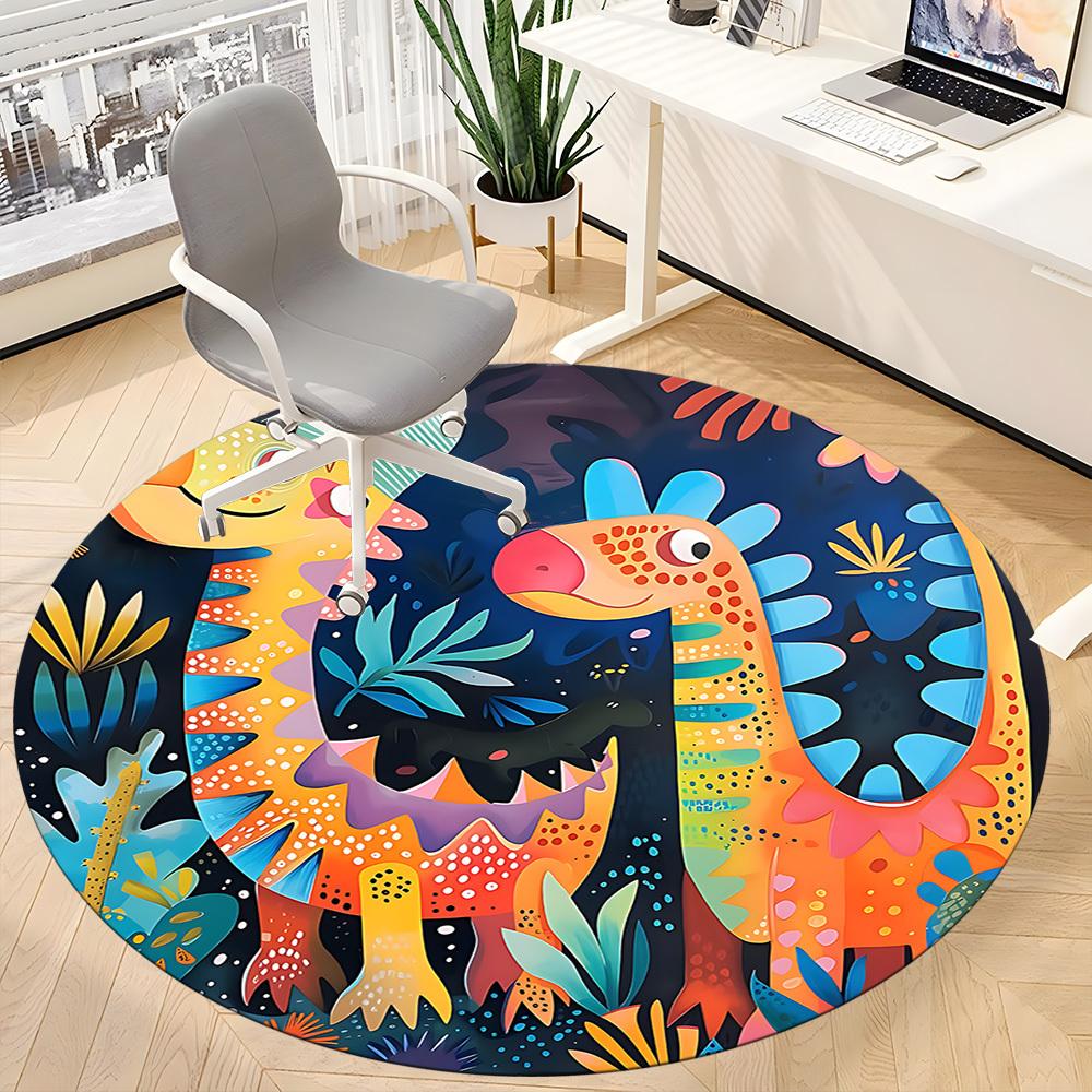 1pc Dino Friends Office Round Area Rug,  Mat Suitable ForOffice, Under Office Chairs Bedroom Living Room Home Decor, Room Deco