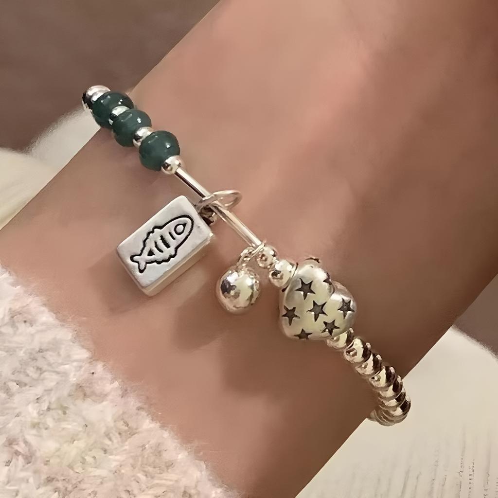 PANJBJ 925 Sterling Silver Red Agate Bead Bracelet for Women Fish Shape Retro Bead Design Versatile Jewelry Gifts Dropshipping