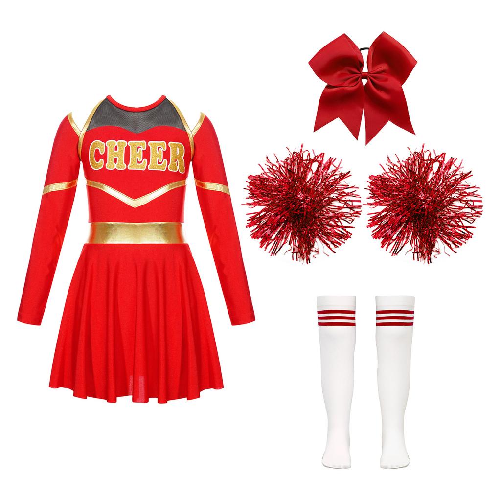 Kids Girls Shiny Cheerleading Costume Schoolgirls Dance Dress Uniform Complete Outfit with Pom Poms for Halloween Party