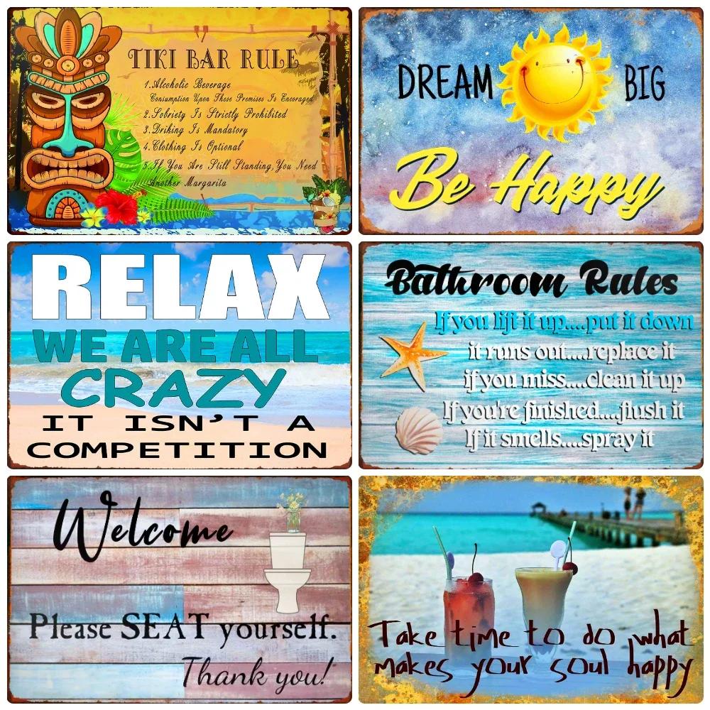 Beach Metal Tin Sign, Vintage Summer Beach Plates, Relax Wall Sign, Pool Tiki Bar Pub Seaside Ocean, Happy Place, Decor WY161